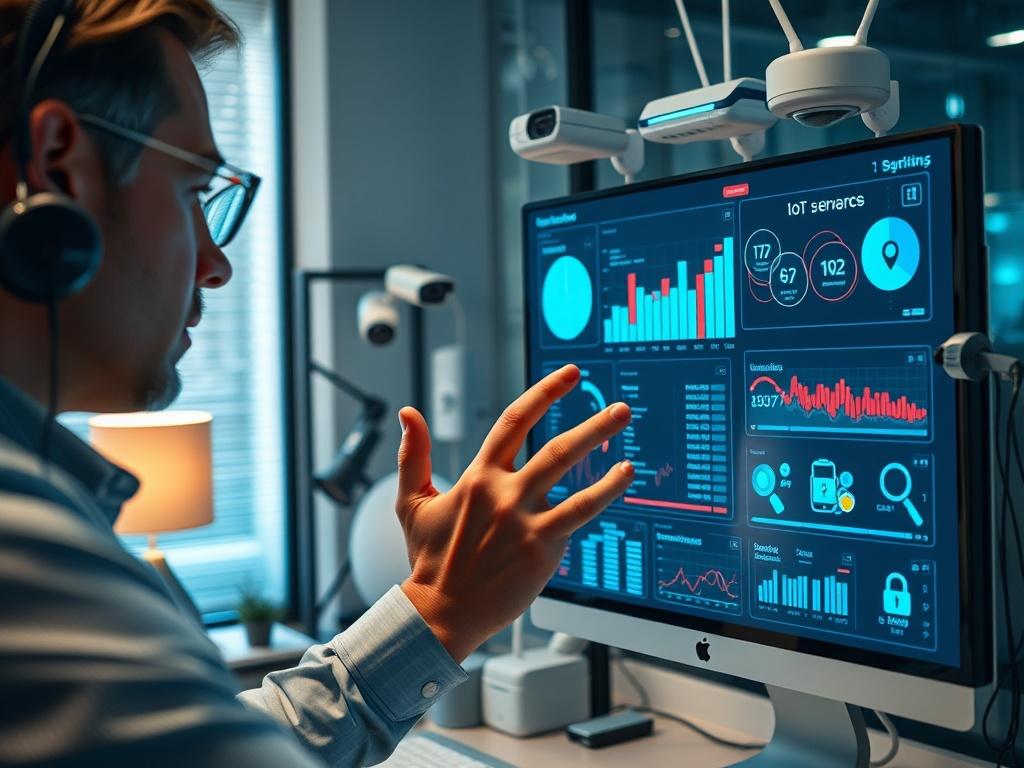 A close-up shot of a professional consultant examining a network security setup for IoT devices. The consultant is focused on a screen displaying security analytics, with various IoT devices in the background, such as smart sensors and cameras. The environment is a modern office, with soft lighting highlighting the details of the technology. The image should be hyper-realistic, capturing the essence of securing IoT systems.