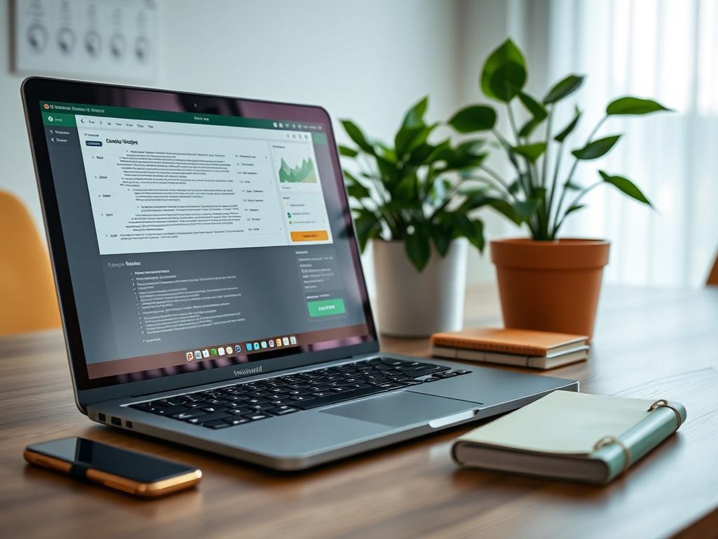 A close-up shot of a modern office workspace showcasing a laptop with digital documents on the screen, surrounded by eco-friendly materials like a potted plant and a reusable notebook. The background features soft natural light and a minimalist design, emphasizing a clean and organized work environment. The color scheme includes shades of green to reflect sustainability and innovation.