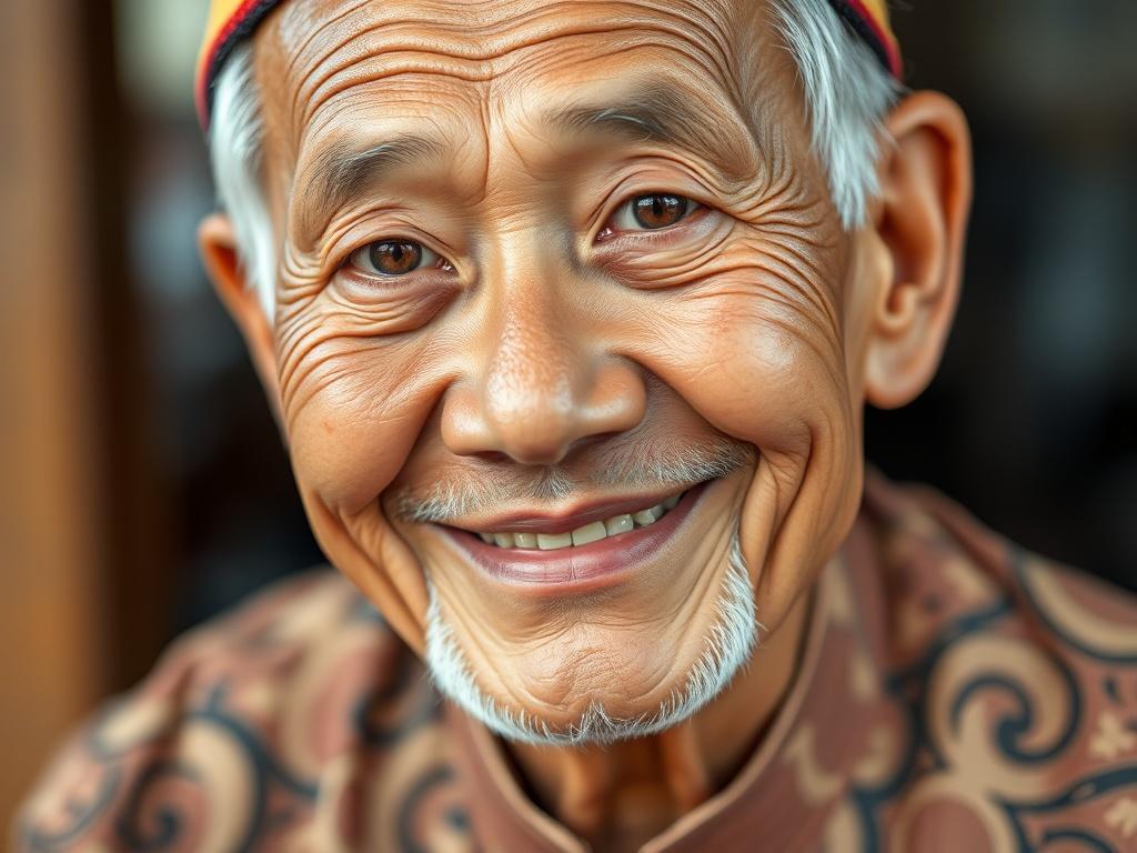 A hyper-realistic close-up photograph of an older man with a warm smile, showcasing Pakcik Rahman. He has a friendly demeanor, wearing a traditional Malaysian attire. The background should be softly blurred, focusing on his expressive eyes and genuine smile, conveying trust and satisfaction. The image should reflect the primary color rgb(50, 170, 39), creating a harmonious and inviting atmosphere.
