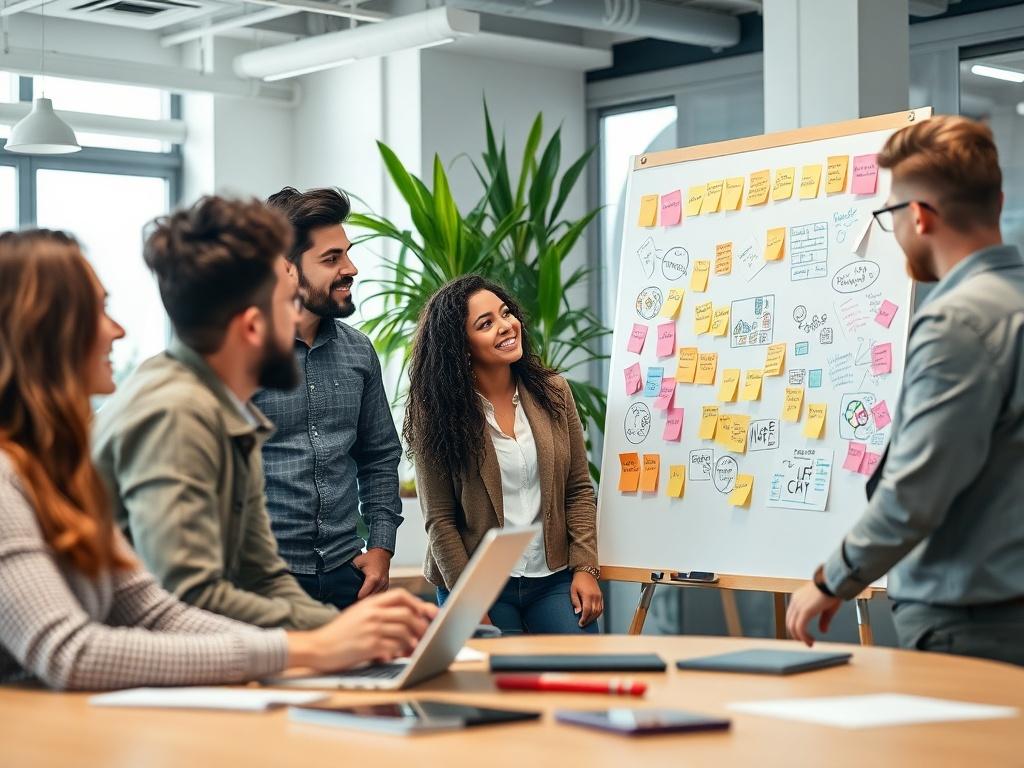 A close-up shot of a diverse group of entrepreneurs engaged in a brainstorming session in a modern office. The focus is on a whiteboard filled with colorful post-it notes and diagrams, depicting innovative ideas. The background showcases a bright and collaborative workspace with plants and technology, emphasizing a vibrant startup culture.
