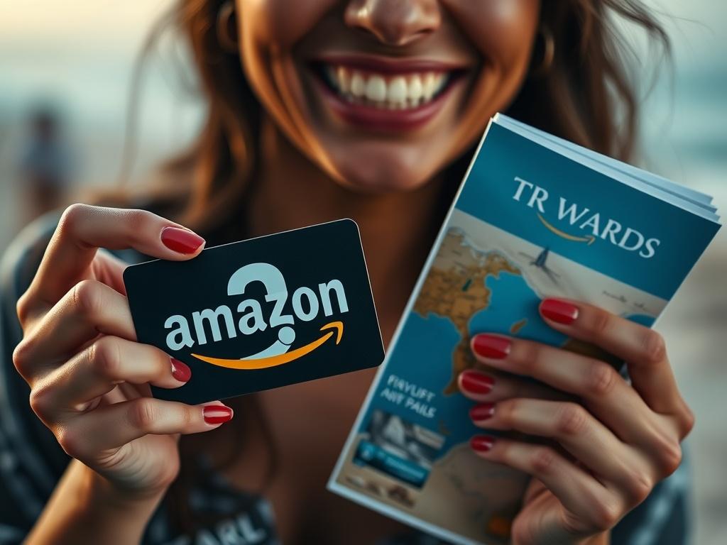 A close-up shot of a smiling person holding an Amazon gift card in one hand and a travel brochure in the other, symbolizing rewards and experiences. The background features subtle hints of luxury travel, like a beach or a fancy hotel, with soft lighting enhancing the joyful expression. The image should be hyper-realistic, focusing on the person and the items they hold, with an emphasis on the rewards theme, using an rgb(50, 170, 39) primary color scheme.
