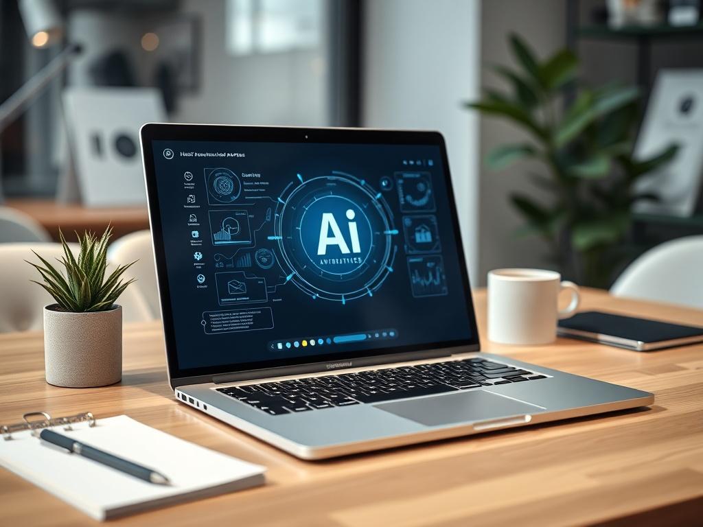 A close-up shot of a modern office workspace, showcasing a sleek laptop with an AI interface displayed on the screen. The background features a stylish desk with a potted plant, a notepad, and a coffee cup, emphasizing a productive and innovative environment. The image should be rendered in hyper-realistic style, focusing on the laptop and its screen to capture the essence of technology and digital transformation.