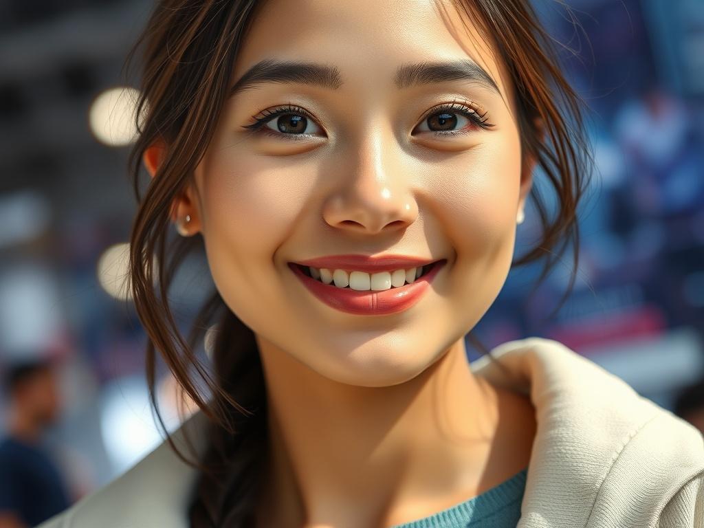 A close-up portrait of a young woman in her twenties with a confident smile, embodying the spirit of a Gen Z disruptor in fashion tech. She has stylish, modern attire, showcasing a blend of technology and fashion. The background features subtle hints of tech elements, like circuit patterns or digital screens, while maintaining a clean and focused look. The lighting is bright and inviting, highlighting her enthusiasm and innovative mindset.