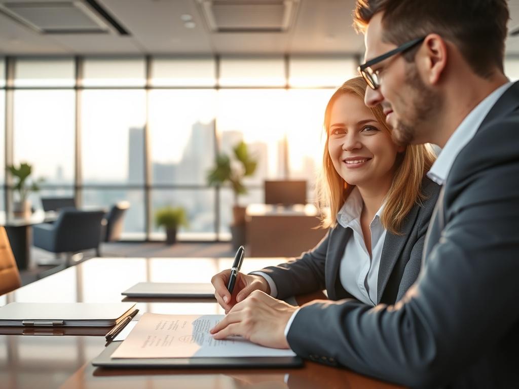 A close-up shot of a business professional in a modern office setting, confidently engaging in a sales closing conversation. The individual is dressed in professional attire, holding a pen and a contract on a desk. The background features a sleek office environment with natural light streaming in, showcasing a city view through large windows. The atmosphere is focused and positive, highlighting the importance of finalizing a deal.