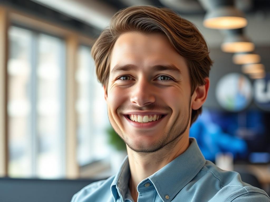 A close-up shot of a satisfied client, Alex Mansfield, showcasing a warm smile and confident demeanor. The background is softly blurred, emphasizing a modern office environment that reflects a tech-savvy atmosphere. The lighting is bright and inviting, creating a positive and engaging vibe. The subject is dressed in business casual attire, conveying professionalism and approachability.