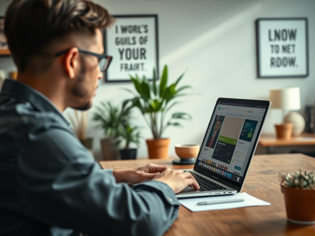 A close-up shot of a professional person sitting at a modern desk, working on a laptop with Upwork and Reddit open on the screen. The background features a cozy office space with plants and motivational quotes on the wall. The lighting is bright and inviting, capturing the essence of productivity and networking.