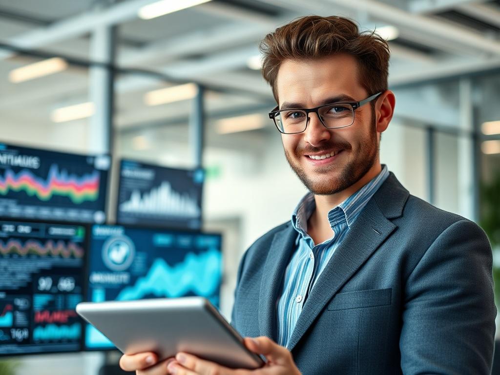 A close-up shot of a confident IT professional in an office environment, focused on their work with a digital tablet in hand. The background features modern technology elements, such as screens displaying data analytics and AI interfaces. The setting is bright and inviting, symbolizing innovation and future readiness. Use a hyper-realistic style to capture details like the person's expression and the technology around them.
