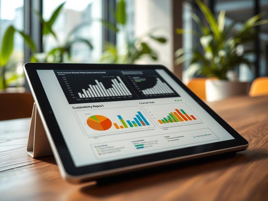 A realistic high-resolution close-up shot of a digital tablet displaying a sustainability report with graphs and charts. The background should be a modern office setting with greenery visible, emphasizing a connection to nature. The composition should focus on the tablet as the main subject, capturing the details of the screen while ensuring the overall color scheme aligns with rgb(50, 170, 39). The lighting should be bright and inviting, highlighting the importance of sustainability in technology.