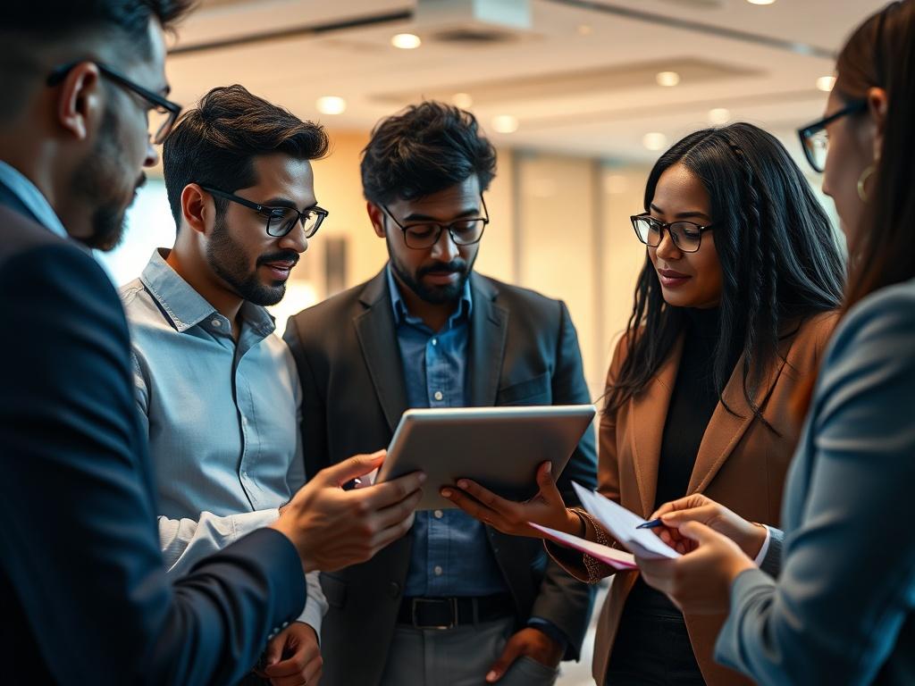 A close-up shot of a diverse group of professionals engaged in a collaborative business meeting. The scene captures a consultant presenting insights on a digital tablet, while team members actively discuss and take notes. The background is a modern office setting with a clean design and warm lighting, emphasizing teamwork and innovation.