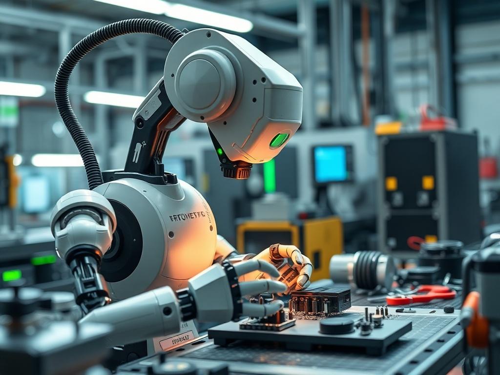A hyper-realistic close-up shot of an advanced manufacturing robot in action within a micro factory setting. The robot is assembling small components with precision, surrounded by modern machinery and tools. The background features a well-organized workspace with clean lines and industrial aesthetics, highlighting a productive environment. The color scheme includes hints of green to complement the primary color rgb(50, 170, 39). The image should convey a sense of innovation and efficiency.