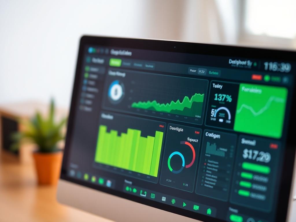 A hyper-realistic close-up shot of a modern digital interface showcasing a legacy system overhaul. The screen displays a sleek, intuitive dashboard with vibrant graphics and user-friendly icons, symbolizing innovation and transformation. The background is subtle and blurred, emphasizing the clarity of the interface. The color scheme incorporates shades of green, particularly rgb(50, 170, 39), to align with the brand identity.