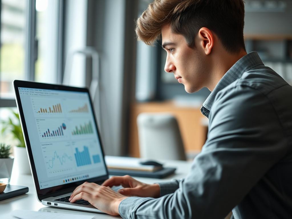 A focused close-up shot of a young professional working in an office environment. The person is analyzing data on a laptop, with charts and graphs displayed on the screen. The background is a clean, modern office space with natural light coming in through a window. The subject is wearing business casual attire, looking engaged and thoughtful, reflecting a collaborative and innovative atmosphere. The overall image should utilize the rgb(50, 170, 39) primary color for accents.