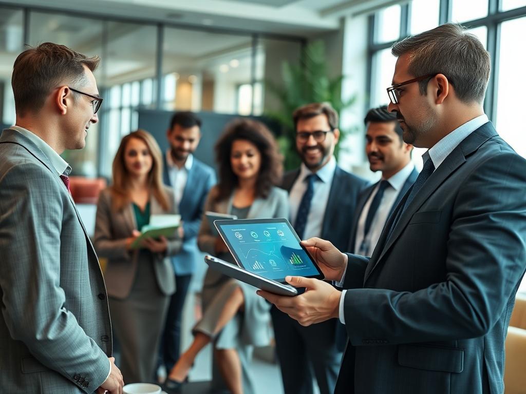 A close-up shot of a professional consultant engaging with a diverse group of business professionals in a modern office setting. The consultant is presenting a digital transformation strategy on a tablet, while the audience is attentively listening and taking notes. The background features sleek office furniture and a large window with natural light streaming in, creating an inviting atmosphere. The primary color scheme incorporates shades of green to reflect innovation and growth.