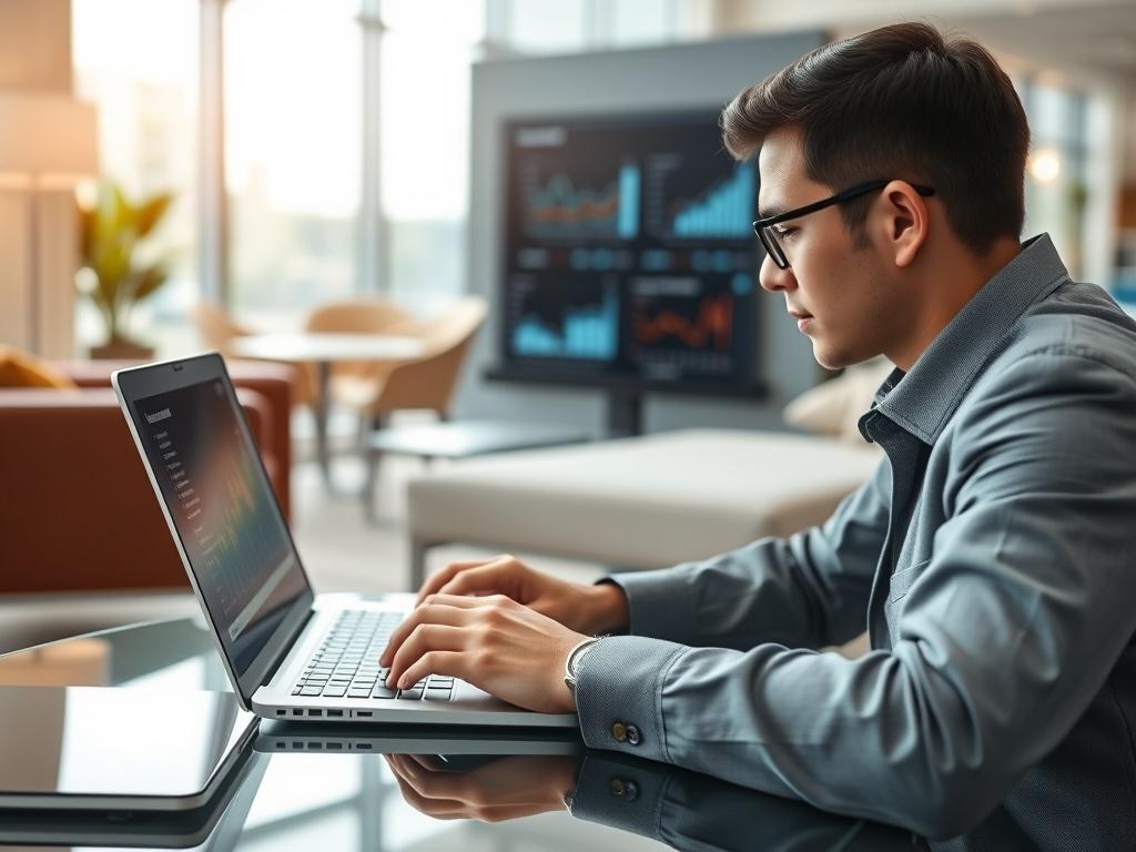 A close-up shot of a digital commerce consultant working on a laptop, analyzing data on the screen. The background should be a modern office setting with sleek furniture and a bright, inviting atmosphere. The consultant is focused and engaged, with charts and graphs displayed on the screen, representing e-commerce metrics. The overall composition should convey a sense of professionalism and innovation.