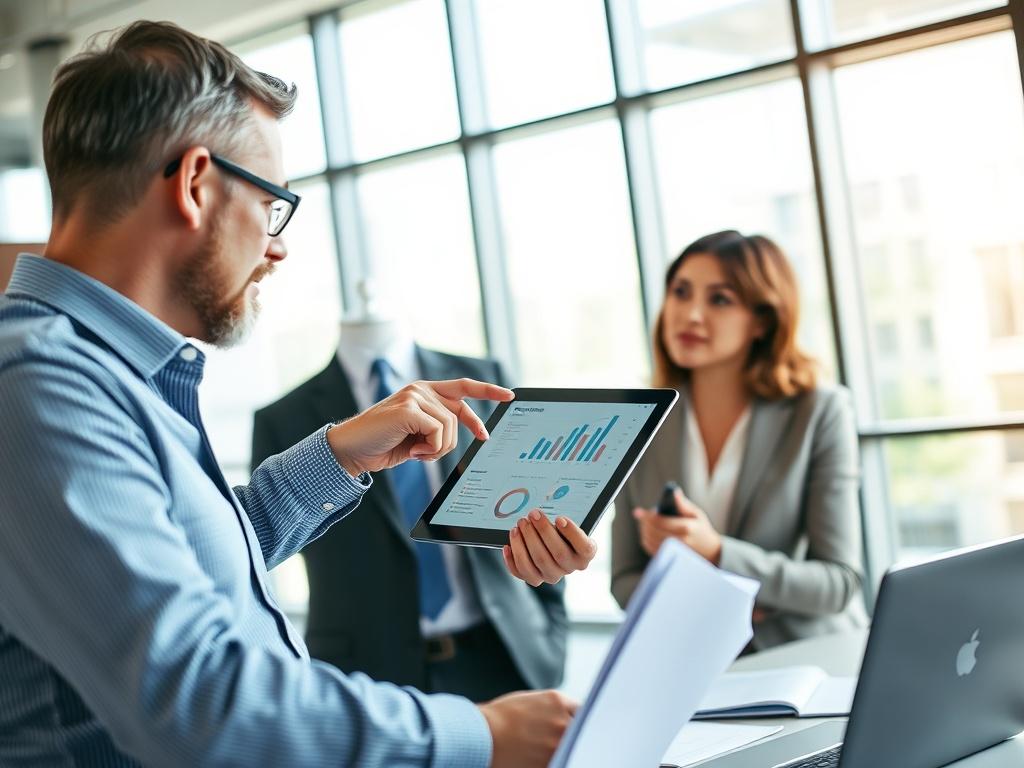 A realistic high-resolution photo of a business consultant discussing tailored solutions with a client. The setting is an office with a modern design, showcasing a large window with natural light pouring in. The consultant is pointing at a digital tablet displaying graphs and charts, while the client is attentively listening, taking notes. The background has a desk with a laptop and some business documents. The focus is on the interaction between the consultant and the client, emphasizing collaboration and 