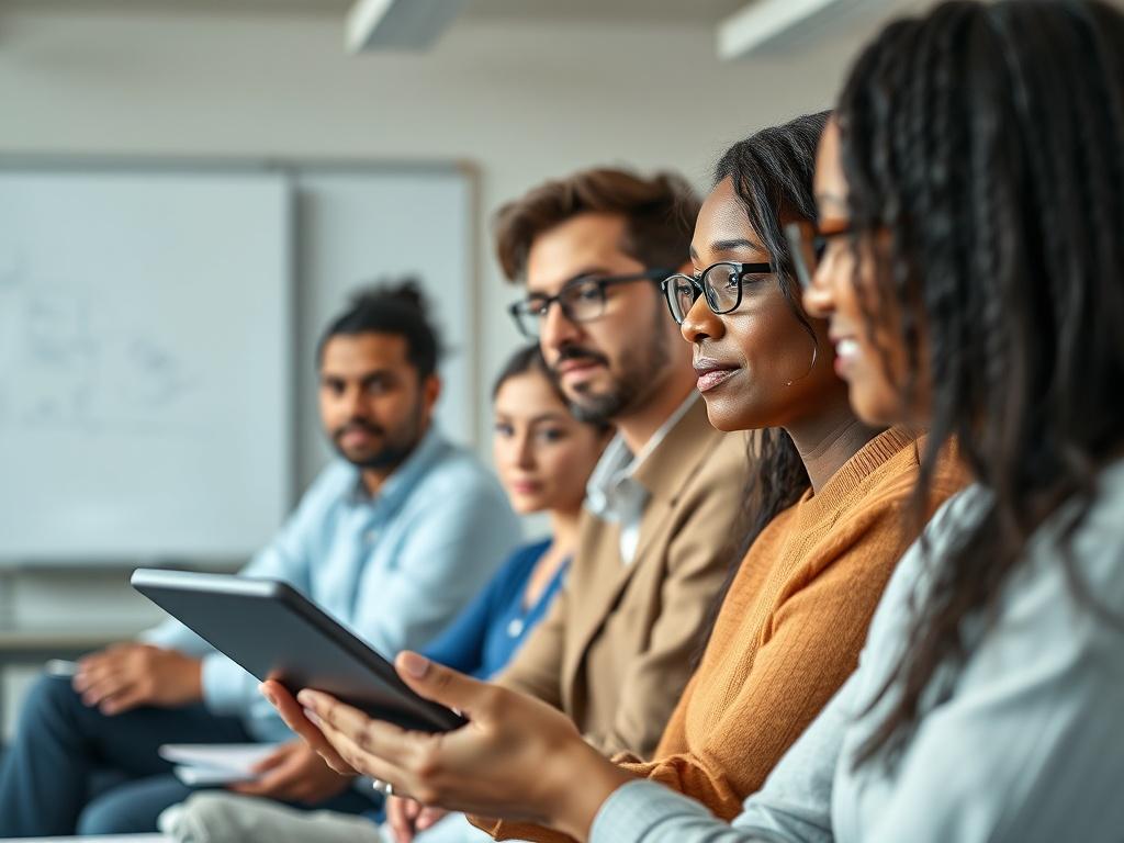 Create a hyper-realistic close-up image of a diverse group of employees engaged in a training session. The focus should be on one employee actively participating with a digital tablet in hand, displaying an attentive and engaged expression. The background should be a modern office setting with soft natural lighting, featuring a whiteboard and digital screens, all rendered in high resolution. The primary color should harmonize with rgb(50, 170, 39).