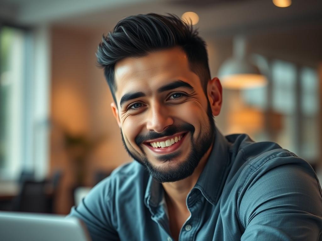 A close-up shot of a smiling professional man with short black hair and a neatly trimmed beard, wearing a smart casual shirt. He is sitting at a modern desk with a laptop in front of him. The background is softly blurred to emphasize his expression, showcasing a warm and inviting office environment. The overall color scheme incorporates the rgb(50, 170, 39) primary color, creating a vibrant and positive atmosphere.