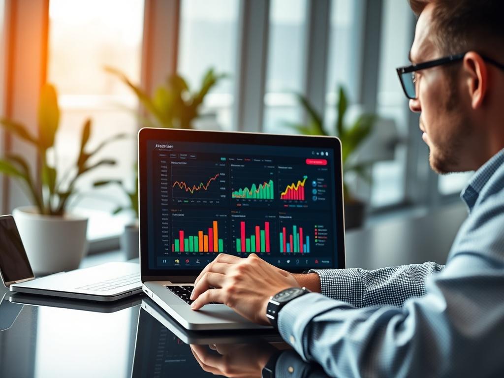 A high-resolution close-up shot of a professional analyzing dashboard analytics on a laptop in a modern office setting. The laptop screen displays colorful graphs and metrics, indicating data analysis. The subject is focused on the screen, showcasing a sense of determination and insight. The background is a sleek, contemporary office space with subtle greenery, conveying a sense of growth and innovation.