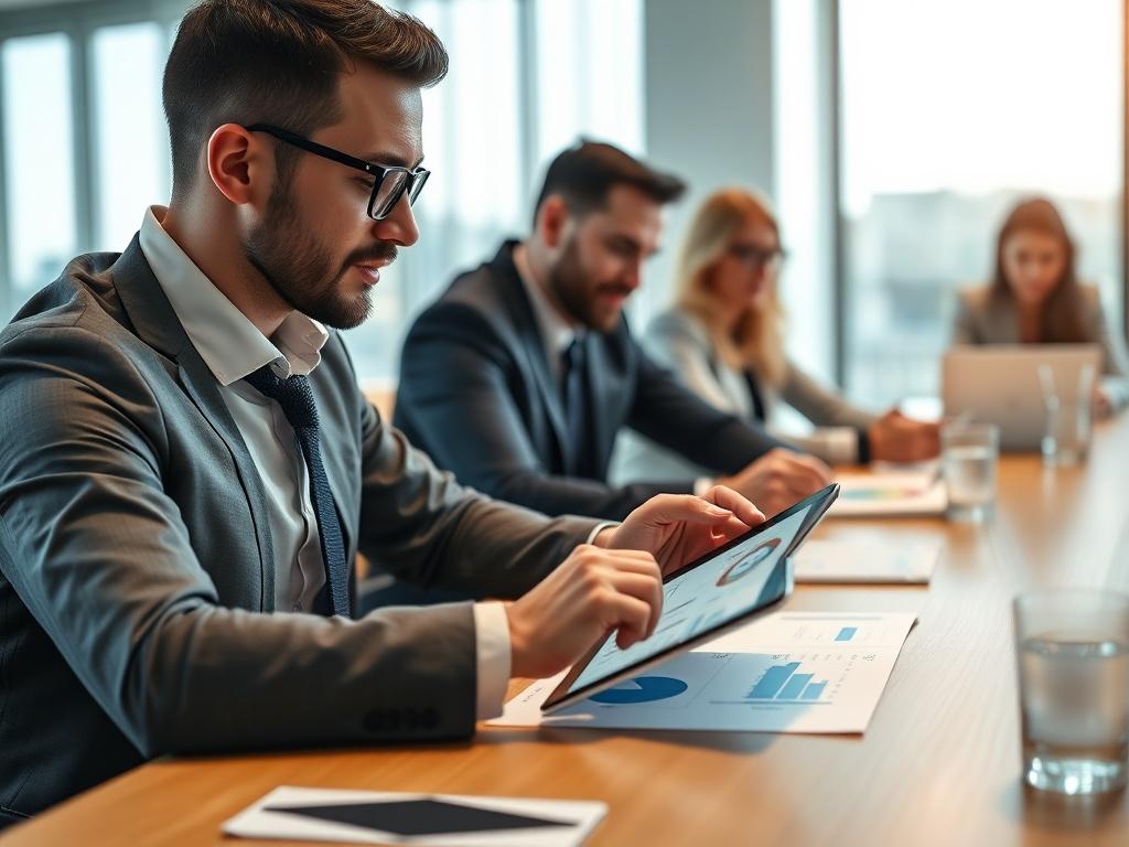 A close-up shot of a consultant analyzing data on a tablet with charts and graphs, while sitting at a conference table with a team of professionals. The environment is bright and modern, focusing on collaboration and strategic planning.