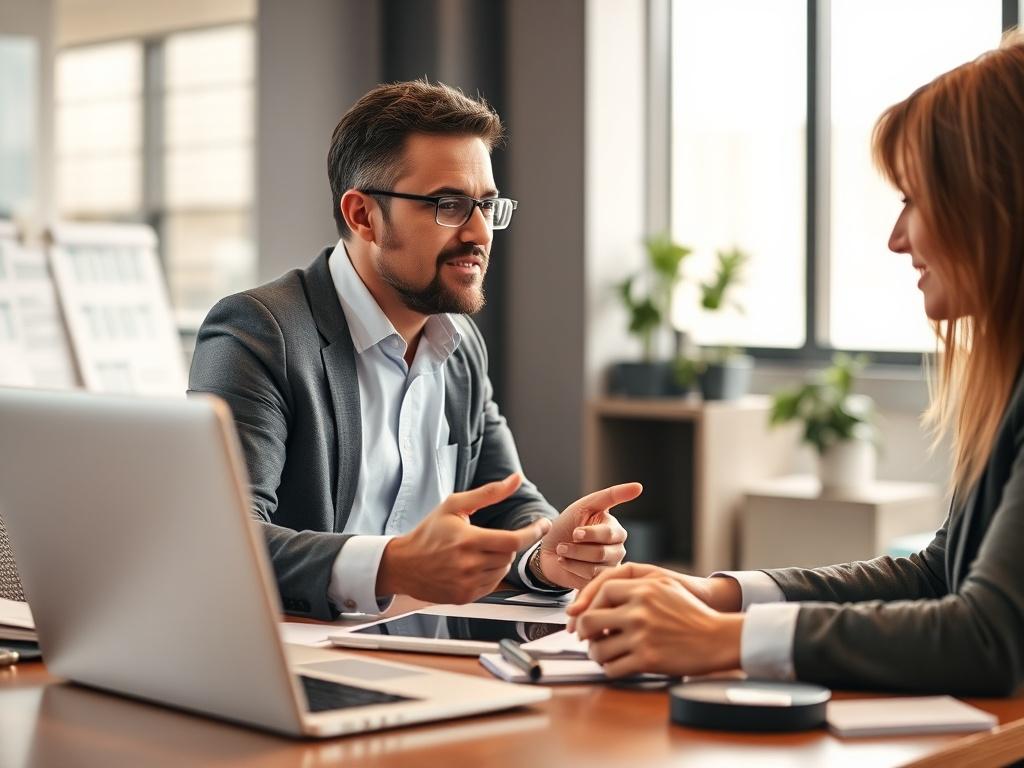 A close-up shot of a professional consultant discussing with a client in a modern office setting, showcasing a laptop and digital tools on a desk, with a focus on their engaged expressions. The background is soft and warm, emphasizing a collaborative atmosphere.