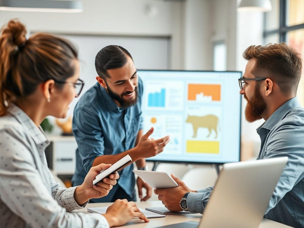 A close-up shot of a team collaborating over a digital project, with one person presenting on a screen while others take notes. The focus is on teamwork and the use of technology, set in a bright and cheerful office space.