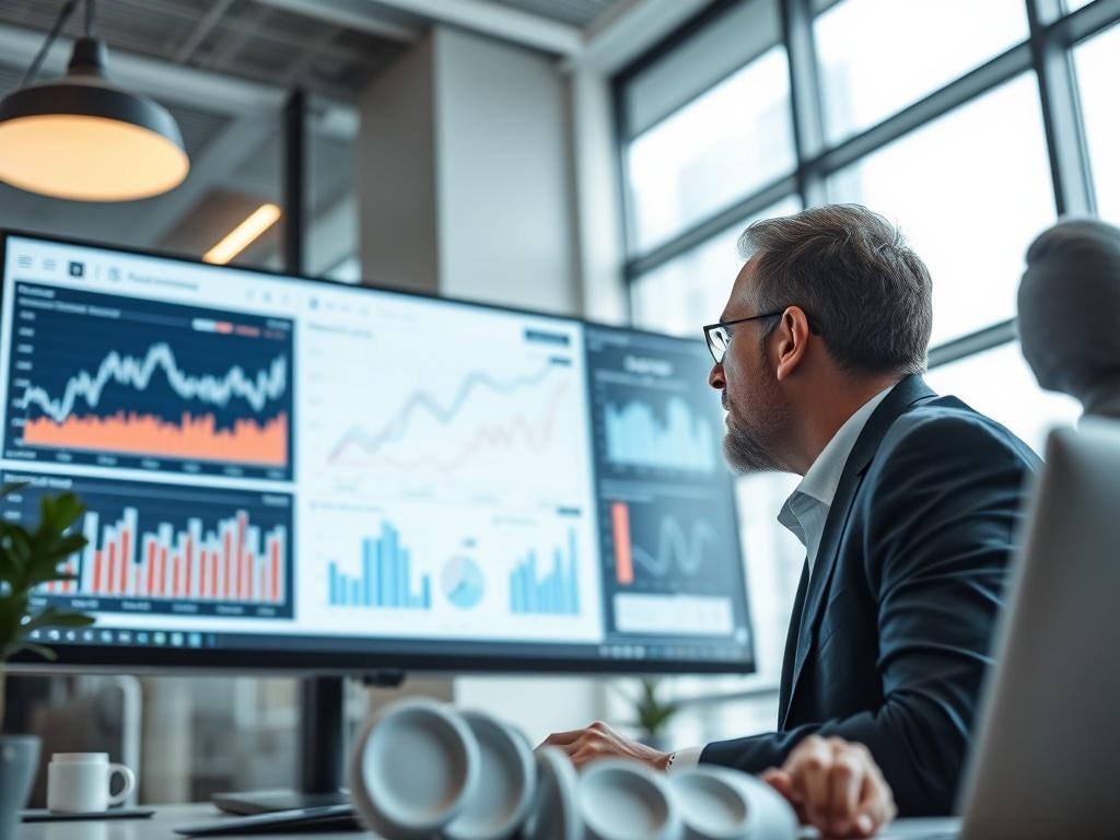 A close-up shot of a consultant reviewing performance metrics on a large screen in a modern office, showcasing graphs and analytics. The atmosphere is focused and analytical, emphasizing data-driven decision-making.