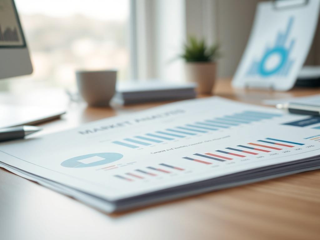 A close-up shot of a detailed market analysis report laid on a desk. The report features graphs and charts showcasing competitor data. The background is softly blurred to keep the focus on the report, with an RGB color palette of (50, 170, 39) subtly incorporated into the design elements. The lighting is bright and inviting, emphasizing professionalism and clarity.