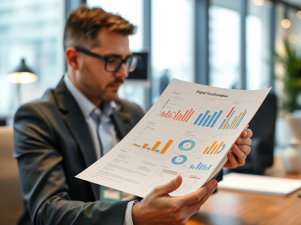 A close-up shot of a professional consultant reviewing a detailed report on digital transformation, with graphs and charts visible. The background is a modern office setting, softly blurred to emphasize the report. The color scheme includes elements that fit the rgb(50, 170, 39) primary color, creating a cohesive and professional look.