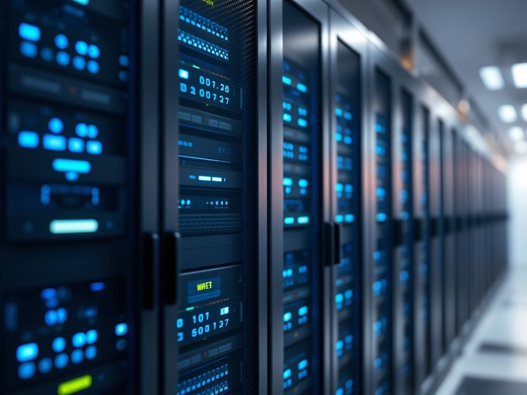 A close-up shot of a modern data center featuring sleek server racks with blue LED lights. The focus is on a single server unit, highlighting its intricate design and technology. The background is softly blurred, emphasizing the subject while showcasing the organized and high-tech environment of the data center. The overall color tone should harmonize with rgb(50, 170, 39) to create a cohesive and inviting feel.