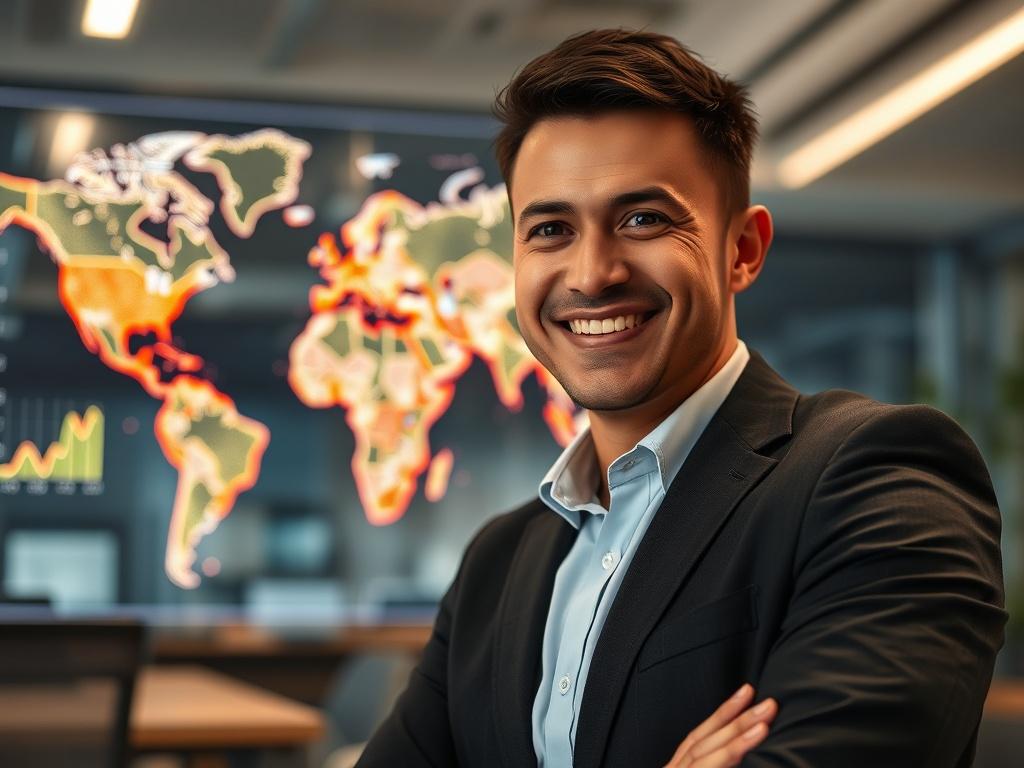 A close-up shot of a confident professional, standing in front of a world map with digital growth indicators, symbolizing global expansion. The subject is focused and engaged, wearing smart business attire, with a bright smile. The background showcases a modern office environment, emphasizing innovation and connectivity. The image should reflect a high level of detail, captured with a 45mm f/1.2 lens style, using the primary color rgb(50, 170, 39) to enhance the vibrancy.
