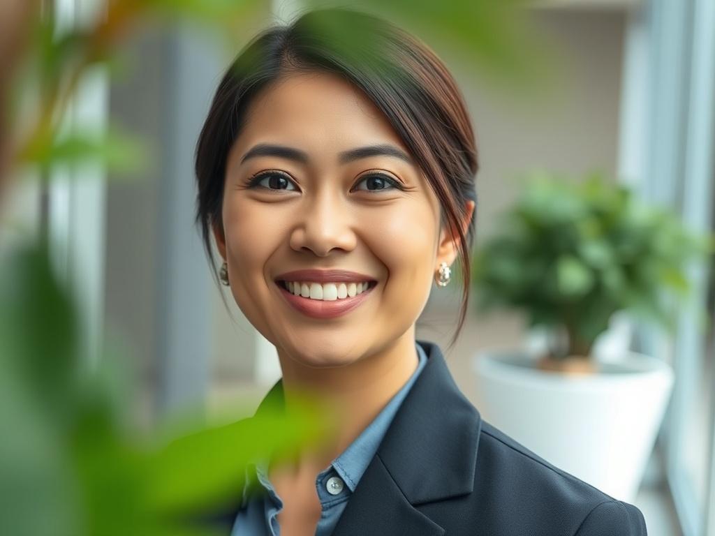 A hyper-realistic close-up portrait of a professional woman named Farah Nadia Ismail. She has a warm smile and is dressed in business attire, exuding confidence and approachability. The background is softly blurred to keep the focus on her, with a subtle hint of greenery reflecting the primary color rgb(50, 170, 39) in the foreground. The lighting is soft and flattering, highlighting her features.