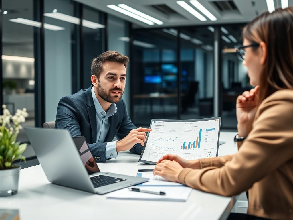 A close-up shot of a business consultant discussing digital transformation strategies with a client. The consultant is sitting at a modern desk with a laptop open, showing graphs and analytics. The background features a sleek and contemporary office environment, emphasizing professionalism and innovation. The image should be hyper-realistic, focused, and shot with a 45mm f/1.2 lens style, highlighting the interaction and engagement between the consultant and the client.