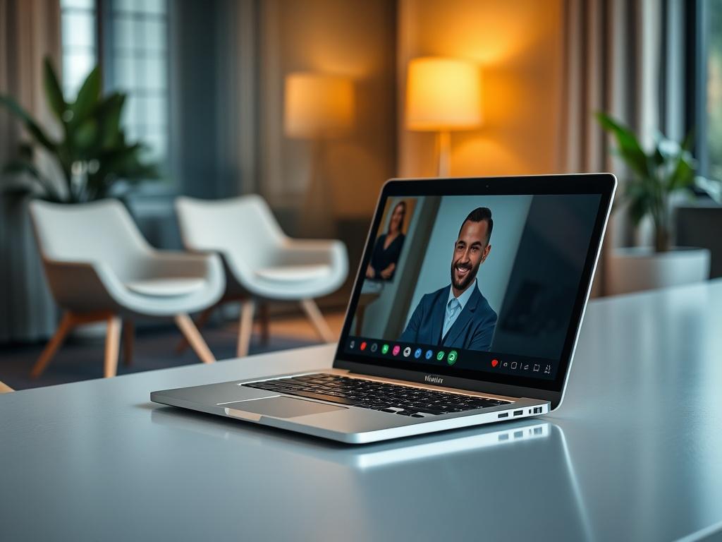A close-up shot of a professional consulting room with a sleek modern desk and a laptop open, showing a video call interface. The background features a comfortable seating area with a couple of stylish chairs and a potted plant. The lighting is warm and inviting, creating a welcoming atmosphere for a discovery call. The focus is on the laptop screen, capturing the essence of a virtual consultation. Shot with a 45mm f/1.2 lens to highlight the details.