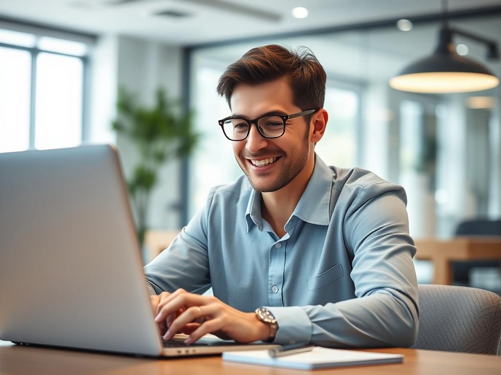 A close-up shot of a professional consultant engaging in a virtual meeting, with a laptop open in front of them. The consultant is looking directly at the screen, smiling, and appears engaged in conversation. The background is a modern office space with soft lighting and a touch of greenery. The focus is on the consultant, with a bokeh effect on the background, shot with a 45mm f/1.2 lens style.