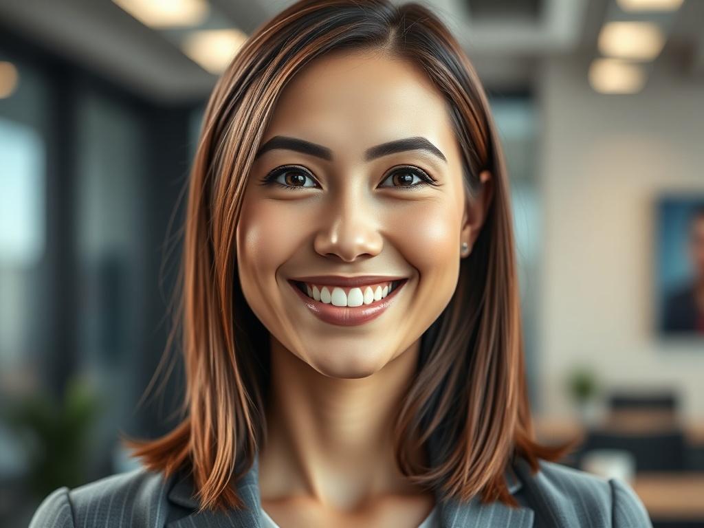 A close-up portrait of a woman named Lisa Ramona, showcasing a warm smile and confident expression. She has shoulder-length brown hair, wearing a smart casual outfit, with a background that subtly hints at a modern office setting. The lighting is bright and inviting, creating a professional yet approachable atmosphere. The image should be rendered in high-resolution with a hyper-realistic style, focusing on Lisa's facial features and demeanor.