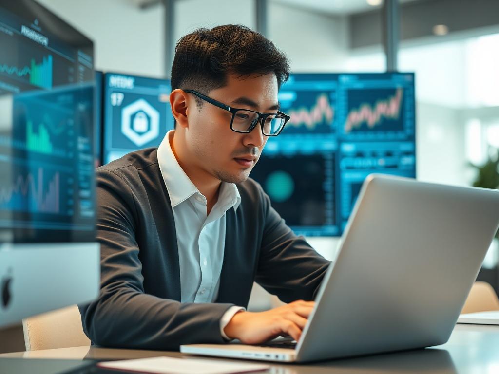 A high-resolution close-up image of a cybersecurity consultant analyzing data on a laptop screen. The consultant, a middle-aged Asian male, is focused and engaged, surrounded by multiple screens displaying security metrics and graphs. The background is a modern office setting with soft lighting, emphasizing a professional atmosphere. The overall color tone should complement the primary color rgb(50, 170, 39) while highlighting the seriousness and importance of cybersecurity.
