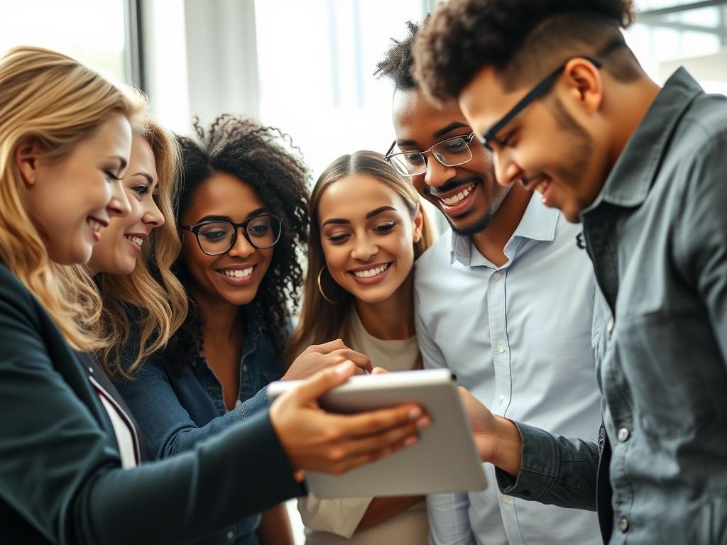 A dynamic and engaging close-up shot of a diverse group of professionals brainstorming over a digital tablet, showcasing a vibrant workspace with modern technology. The image should capture the enthusiasm and collaboration among team members, with bright natural lighting highlighting the workspace. The background should be uncluttered to maintain focus on the group and the tablet, emphasizing innovation and teamwork.