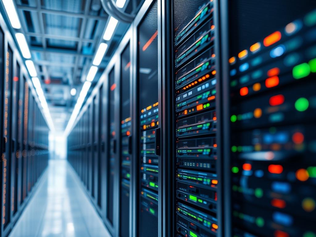 A high-resolution close-up shot of a modern data center with sleek server racks, bright LED lights, and a clean, organized environment. The focus should be on the intricate details of the server hardware, showcasing the advanced technology. The background should be slightly blurred to emphasize the servers in the foreground. The color scheme should harmonize with rgb(50, 170, 39), highlighting the vibrant tech atmosphere.