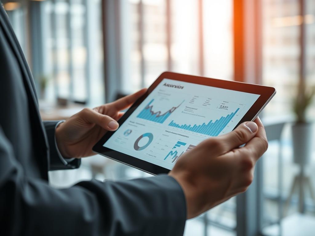 A close-up shot of a digital transformation strategist reviewing documents on a tablet with graphs and charts in a modern office. The focus should be on the strategist's hands and the screen, highlighting the analytical process.