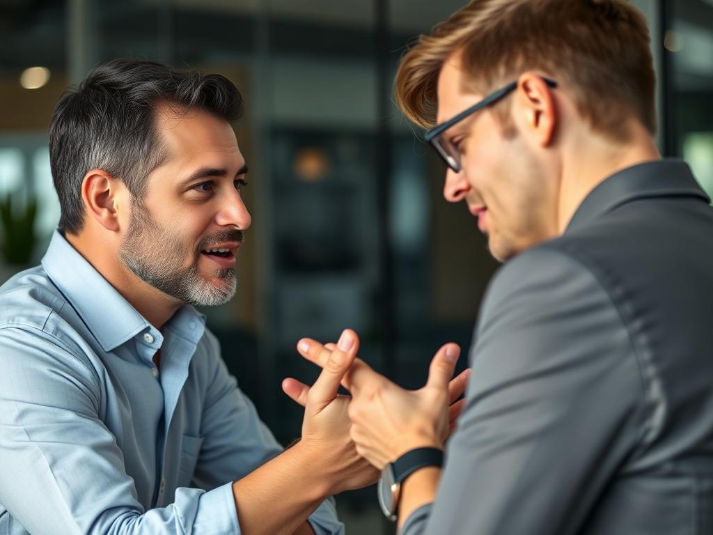 A close-up shot of a professional consultant engaging in a discussion with a client in a modern office setting, with a focus on their expressions and gestures. The background should be blurred to emphasize the interaction, showcasing a professional environment.