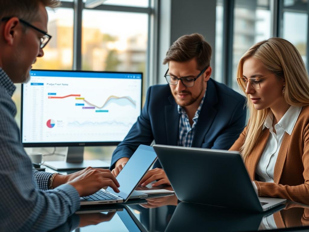 A close-up shot of a team of professionals collaborating over a digital project, with laptops and digital screens displaying project timelines. The image should convey teamwork and active engagement.