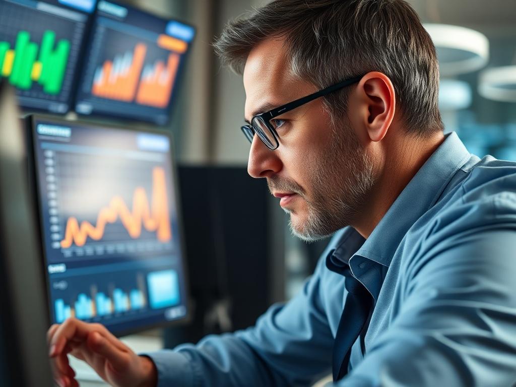 A close-up shot of a consultant analyzing performance metrics on a digital dashboard in a modern office environment, with screens displaying data and analytics. The focus should be on the consultant's concentration and the data visuals.