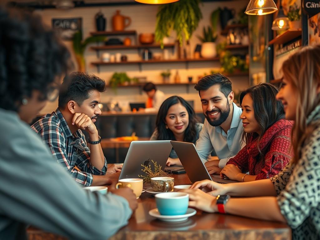 A close-up shot of a diverse group of digital nomads engaged in a lively discussion at a local café. The environment is warm and inviting, with laptops open and coffee cups on the table. The scene captures the essence of community and connection, highlighting the interaction between individuals. Use a hyper-realistic style, shot with a 45mm f/1.2 lens, and ensure the colors are vibrant, particularly incorporating the primary color rgb(50, 170, 39) in the background decor.