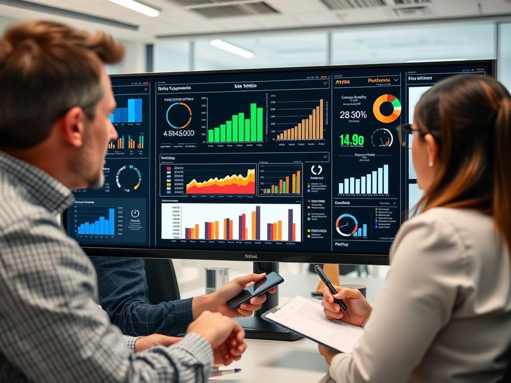 A close-up shot of a consultant reviewing performance metrics on a large monitor in a modern office. Charts and analytics are displayed clearly, with a team member taking notes. The environment is bright and professional, emphasizing the focus on continuous improvement.