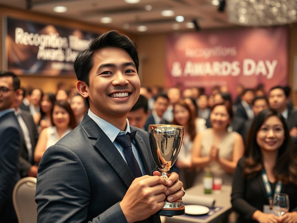 A close-up shot of a modern conference room filled with people dressed in formal attire, celebrating an award ceremony. The focus is on a smiling individual holding a trophy, with a backdrop of a banner displaying 'Recognitions & Awards Day'. The atmosphere is filled with joy and excitement, capturing the essence of a successful year-end annual company dinner.