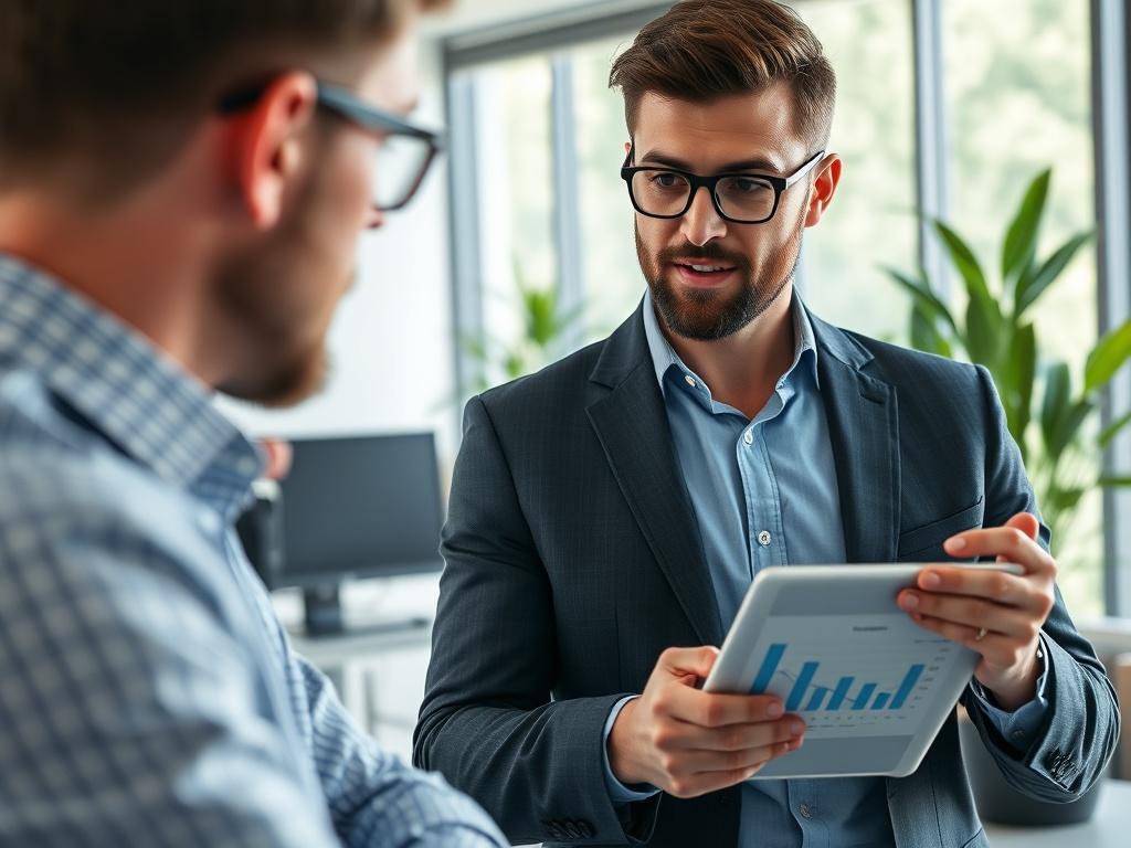A close-up shot of a confident business consultant engaged in a negotiation with a potential investor in a modern office setting. The consultant is presenting a pitch deck with graphs and charts displayed on a tablet, showcasing a professional demeanor. The background is a well-lit office space with greenery visible through a window, emphasizing a positive and productive atmosphere.
