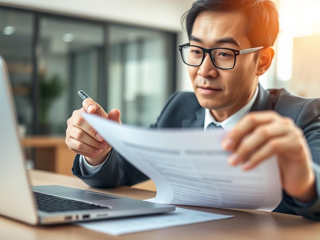 A close-up shot of a professional consultant reviewing loan application documents at a modern office desk. The setting should be bright and welcoming, with natural light flowing in. The consultant, a middle-aged Asian man wearing glasses and a business suit, is focused and engaged, holding a pen poised above a document. The desk has a laptop and a notepad with financial graphs, subtly hinting at digital transformation themes. The background is softly blurred to emphasize the consultant and the task at hand.
