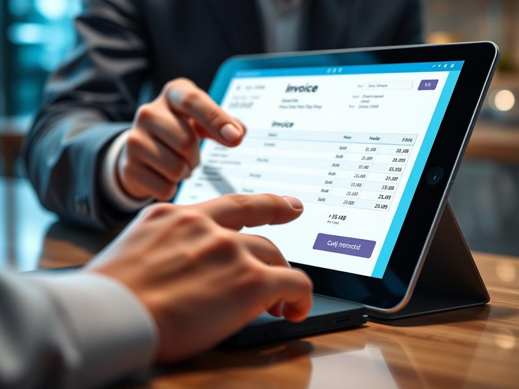 A hyper-realistic close-up shot of a digital invoice being processed on a modern tablet, highlighting an automated data extraction interface. The background should be softly blurred to emphasize the tablet, with a color palette that complements rgb(50, 170, 39). The setting should convey a professional fintech environment, showcasing advanced technology in action.