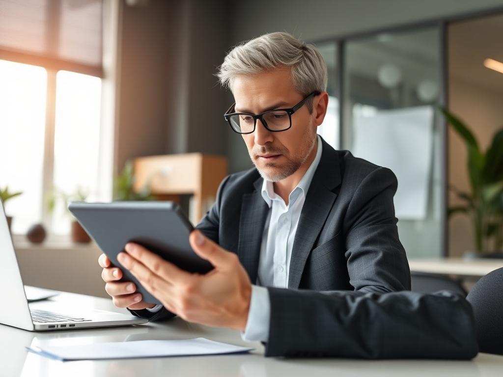 Create a close-up shot of a professional consultant analyzing data on a digital tablet in a modern office setting. The background should be a sleek office environment with soft natural lighting, showcasing elements like a sleek desk, a laptop, and some greenery. The consultant should be dressed in business attire, focused on the tablet, with an expression of concentration and insight.