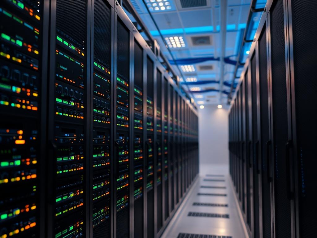 A hyper-realistic close-up shot of a modern data center, showcasing rows of sleek servers with blinking lights. The background should be a softly lit room with cool colors, emphasizing the advanced technology. The composition should focus solely on the server racks, capturing the intricate details of the hardware, without any people or text in the image.